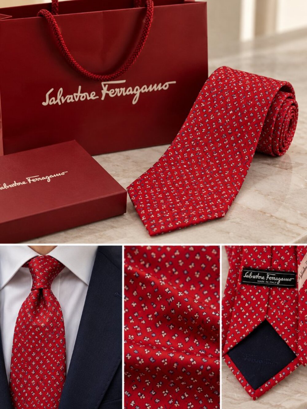 Salvatore Ferragamo Red Silk Tie with Micro Floral Motif